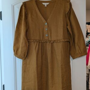 Garnett Hill Tan V Neck Linen Dress